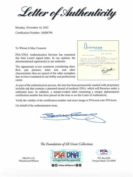 Stan Laurel Letter Signed With His Full Name -- Laurel Sends His Sympathies Following a Cancer Diagnosis -- With PSA/DNA COA